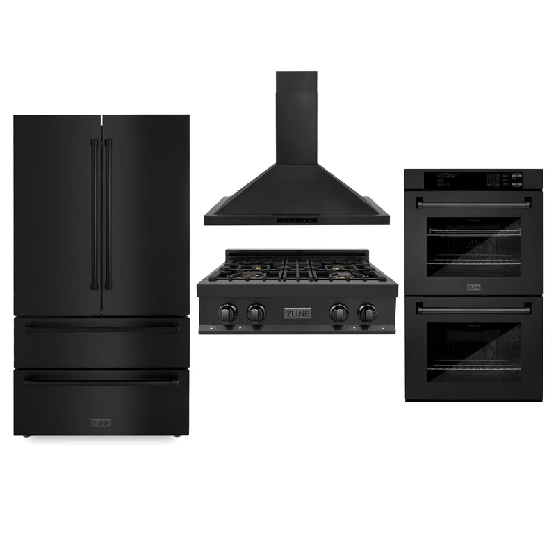 ZLINE 4-Piece Appliance Package - 30" Rangetop with Brass Burners, 36" Refrigerator, 30" Electric Double Wall Oven, and Convertible Wall Mount Hood in Black Stainless Steel (4KPR-RTBRH30-AWD) Appliance Package ZLINE 