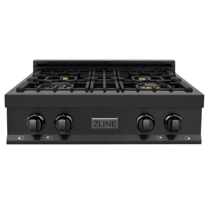 Black gas rangetop front view with four burners and control knobs