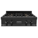 ZLINE 4-Piece Appliance Package - 30" Rangetop with Brass Burners, 36" Refrigerator, 30" Electric Double Wall Oven, and Convertible Wall Mount Hood in Black Stainless Steel (4KPR-RTBRH30-AWD) Appliance Package ZLINE 
