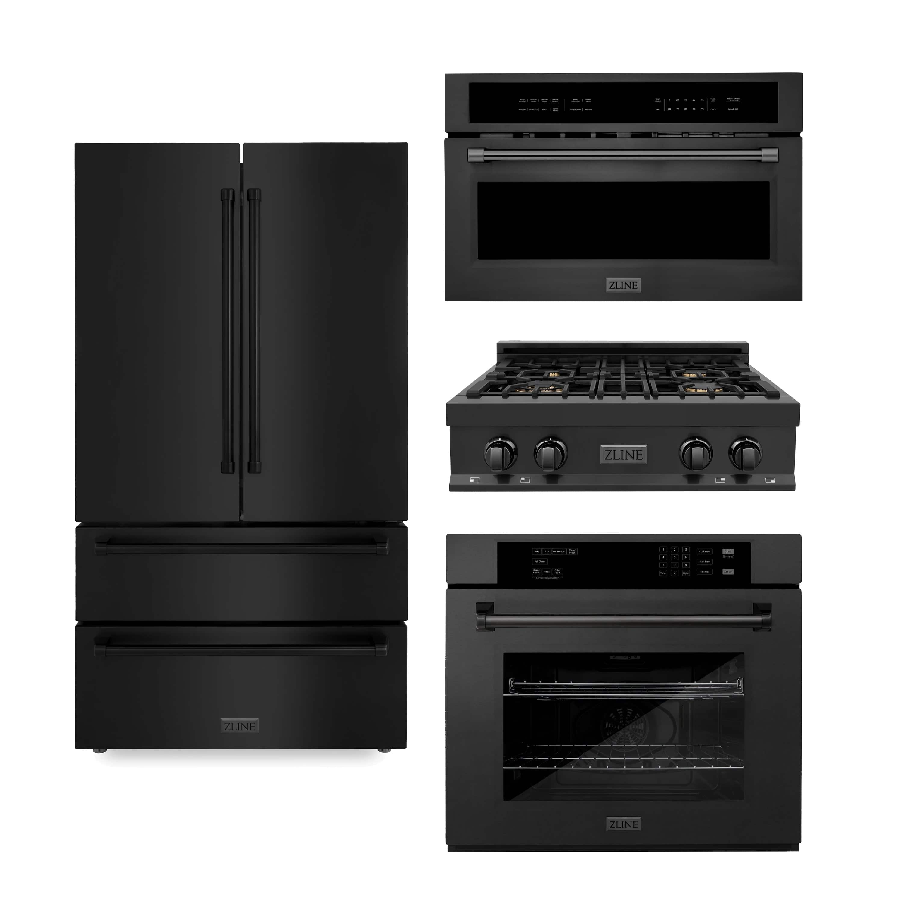 ZLINE 4-Piece Appliance Package - 30-Inch Rangetop with Brass Burners, Refrigerator, 30-Inch Electric Wall Oven, and 30-Inch Microwave Oven in Black Stainless Steel (4KPR-RTB30-MWAWS)
