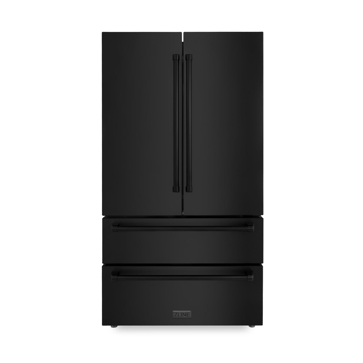 ZLINE black refrigerator with top fresh-food doors and bottom freezer drawer