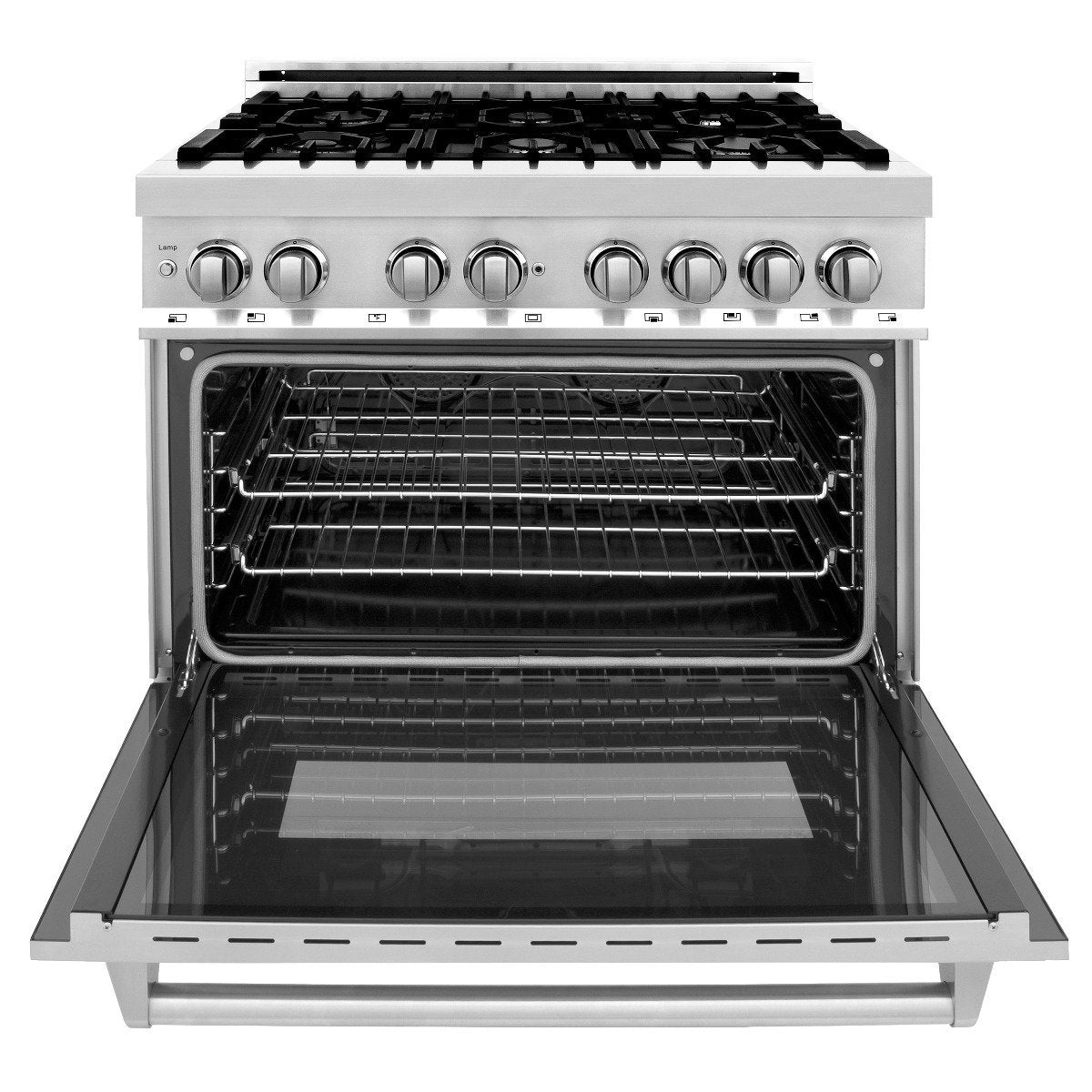 Open-door dual-fuel range oven with black cooktop grates and control knobs
