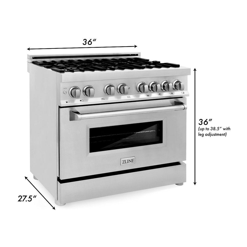 ZLINE 4-Piece Appliance Package - 36" Dual Fuel Range, 36" Refrigerator, Convertible Wall Mount Hood, and Microwave Drawer in Stainless Steel Appliance Package ZLINE 