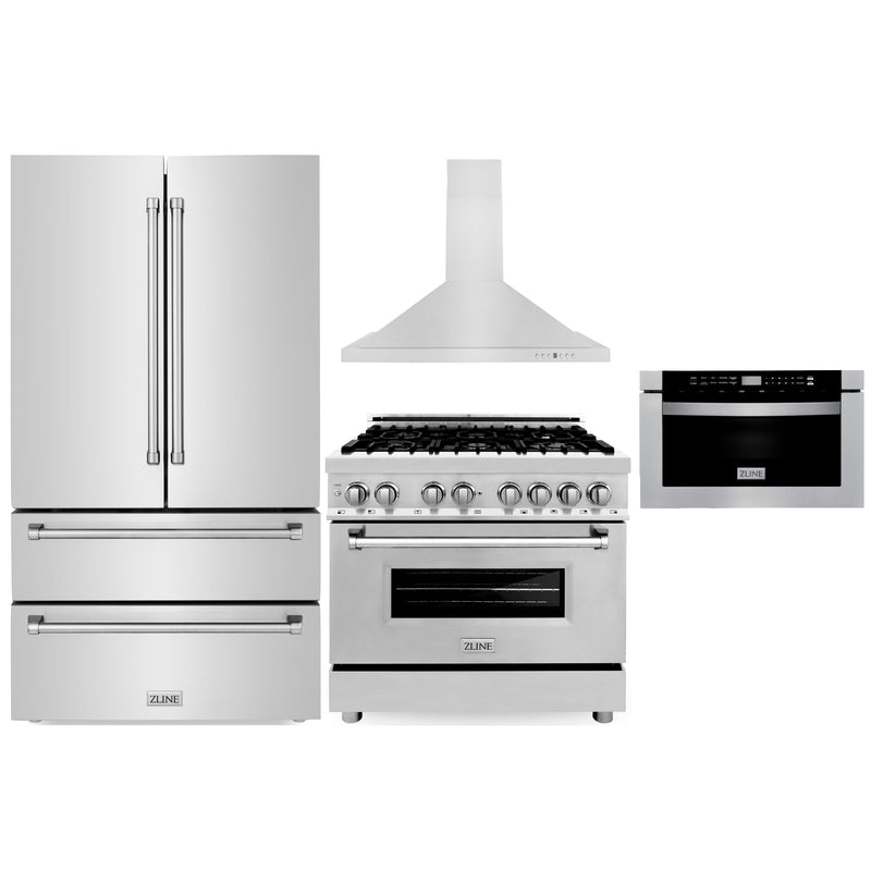 ZLINE 4-Piece Appliance Package - 36" Dual Fuel Range, 36" Refrigerator, Convertible Wall Mount Hood, and Microwave Drawer in Stainless Steel Appliance Package ZLINE 