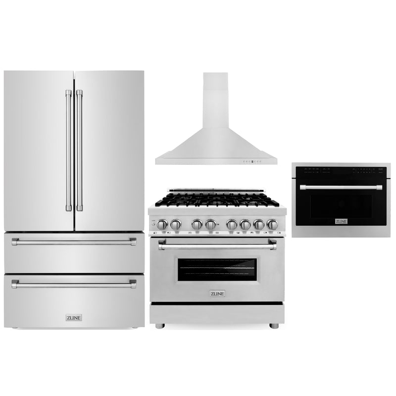 ZLINE 4-Piece Appliance Package - 36" Dual Fuel Range, 36" Refrigerator, Convertible Wall Mount Hood, and Microwave Oven in Stainless Steel Appliance Package ZLINE 