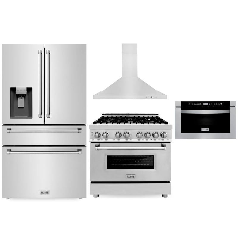 ZLINE 4-Piece Appliance Package - 36" Dual Fuel Range, 36" Refrigerator with Water Dispenser, Convertible Wall Mount Hood, and Microwave Drawer in Stainless Steel Appliance Package ZLINE 