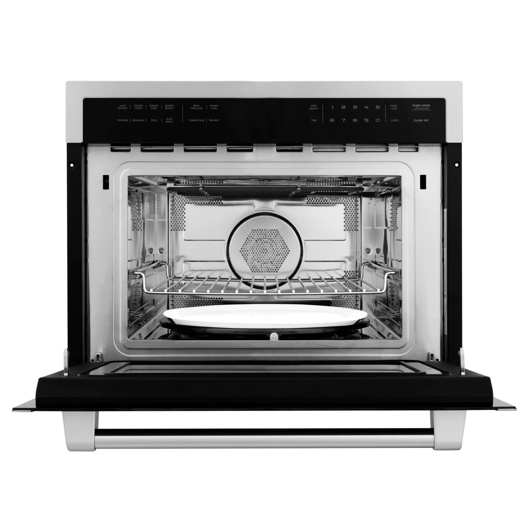 Microwave with open door showing interior turntable and rack, ZLINE badge