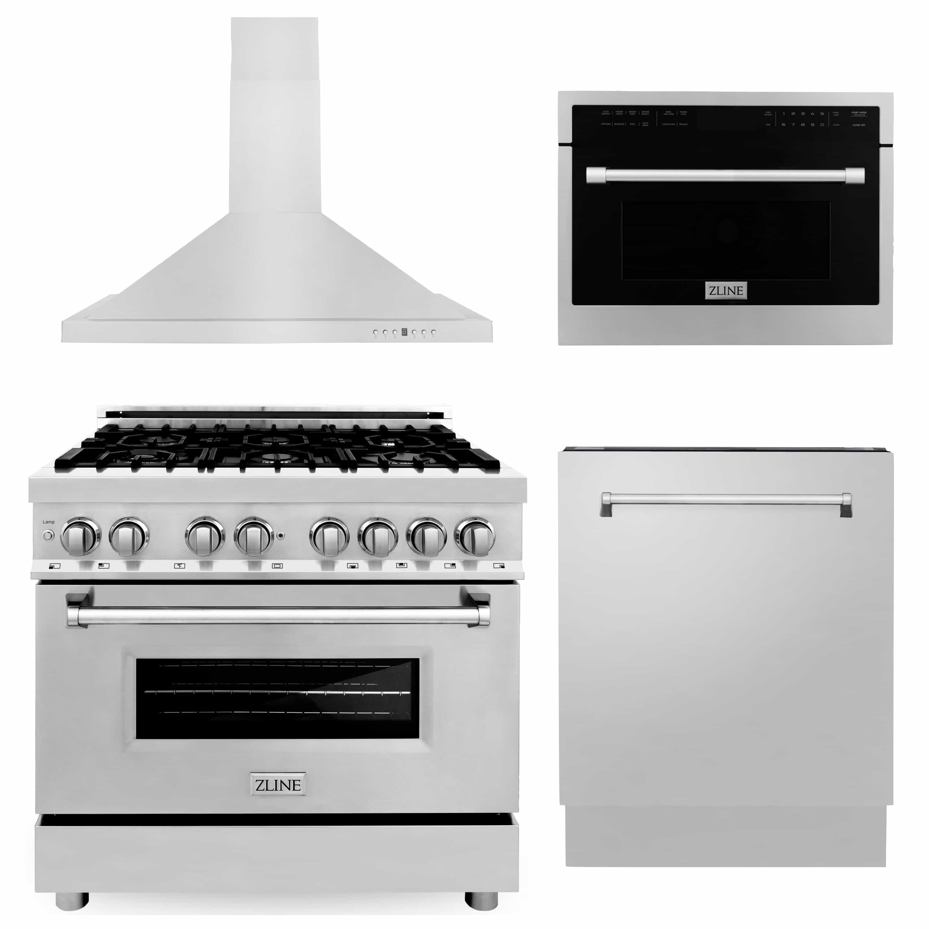 4-piece ZLINE kitchen appliance set: hood, dual-fuel range, microwave, tall tub dishwasher