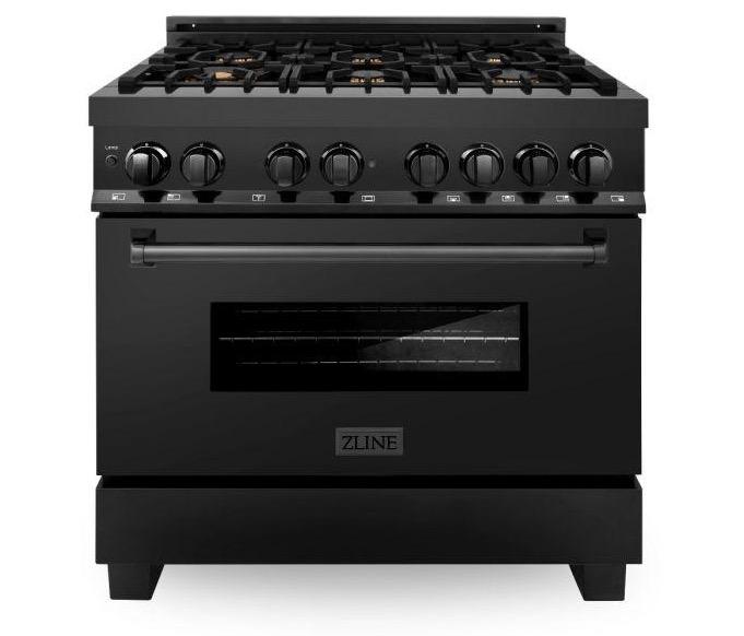 ZLINE 4-Piece Appliance Package - 36" Dual Fuel Range with Brass Burners, 36" Refrigerator, Convertible Wall Mount Hood, and Microwave Drawer in Black Stainless Steel (4KPR-RABRH36-MW) Appliance Package ZLINE 
