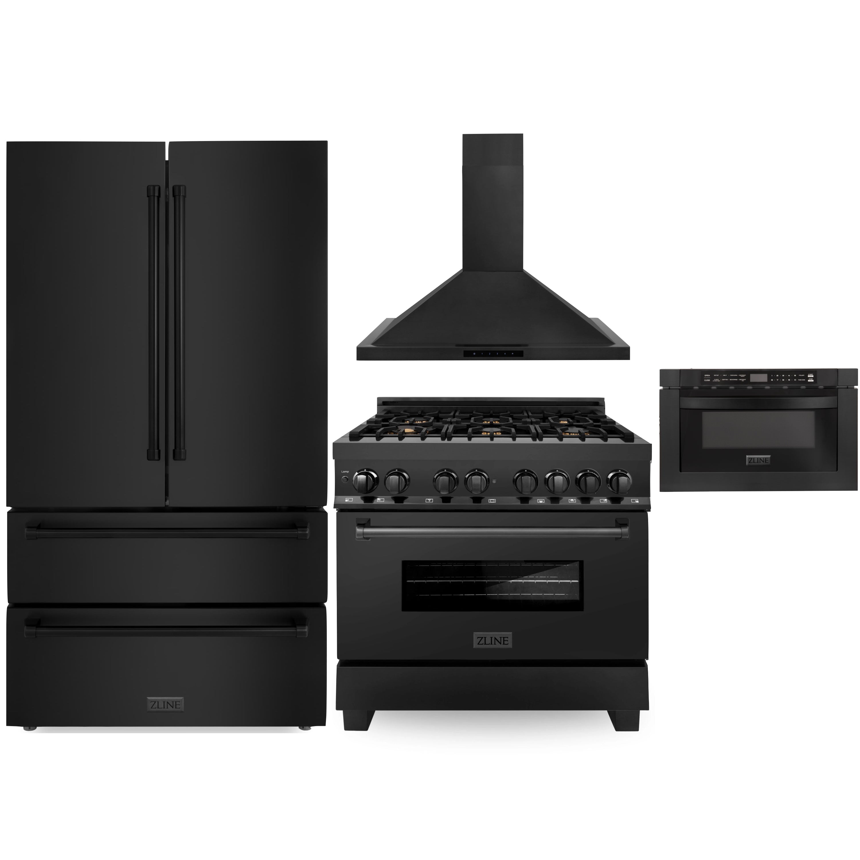 Black dual fuel range with cooktop, oven, and matching hood and drawer fronts