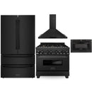 ZLINE 4-Piece Appliance Package - 36" Dual Fuel Range with Brass Burners, 36" Refrigerator, Convertible Wall Mount Hood, and Microwave Drawer in Black Stainless Steel (4KPR-RABRH36-MW) Appliance Package ZLINE 