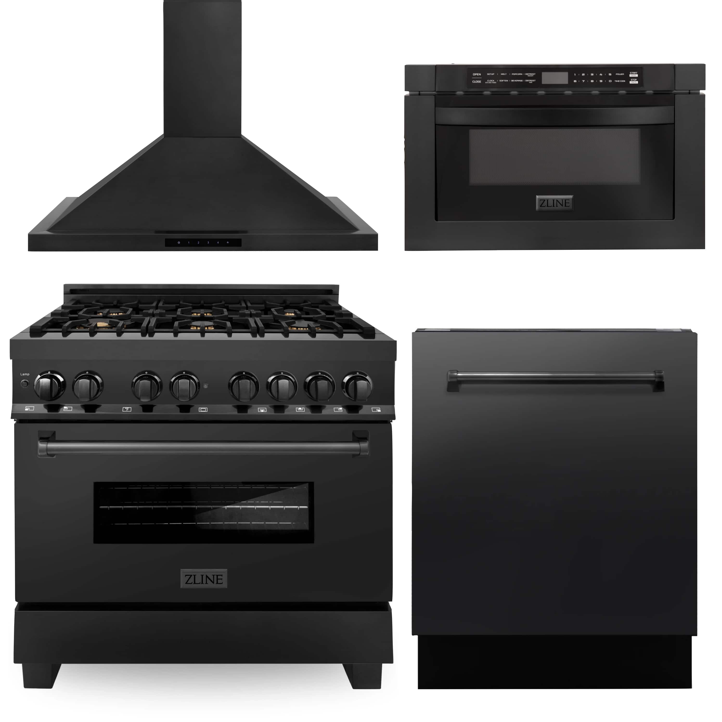 Black appliance set showing range hood, dual-fuel range, dishwasher, and microwave