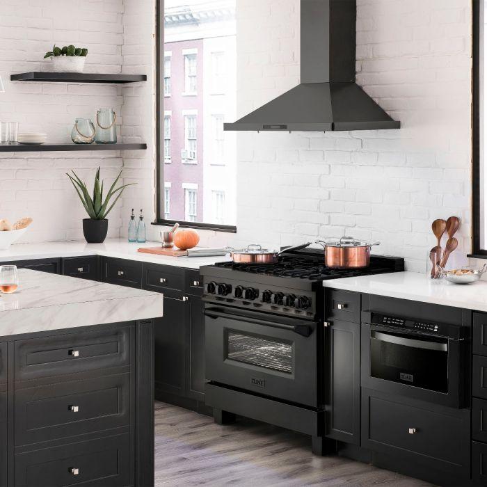 Black dual-fuel range with six-burner cooktop and two oven doors