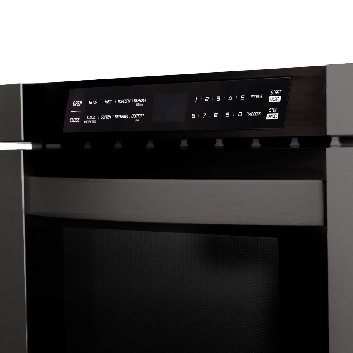 Black range oven control panel with digital timer display and buttons