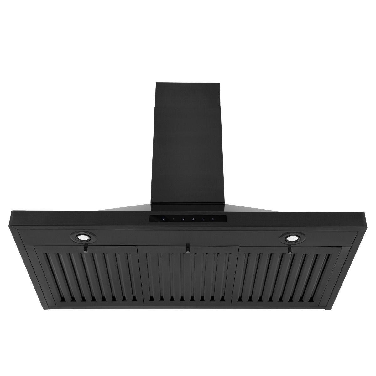 Black wall-mounted range hood with recessed central chimney and front control strip
