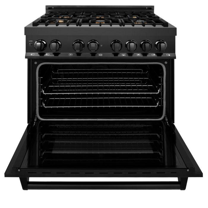 Black dual fuel range with six burners and open oven door