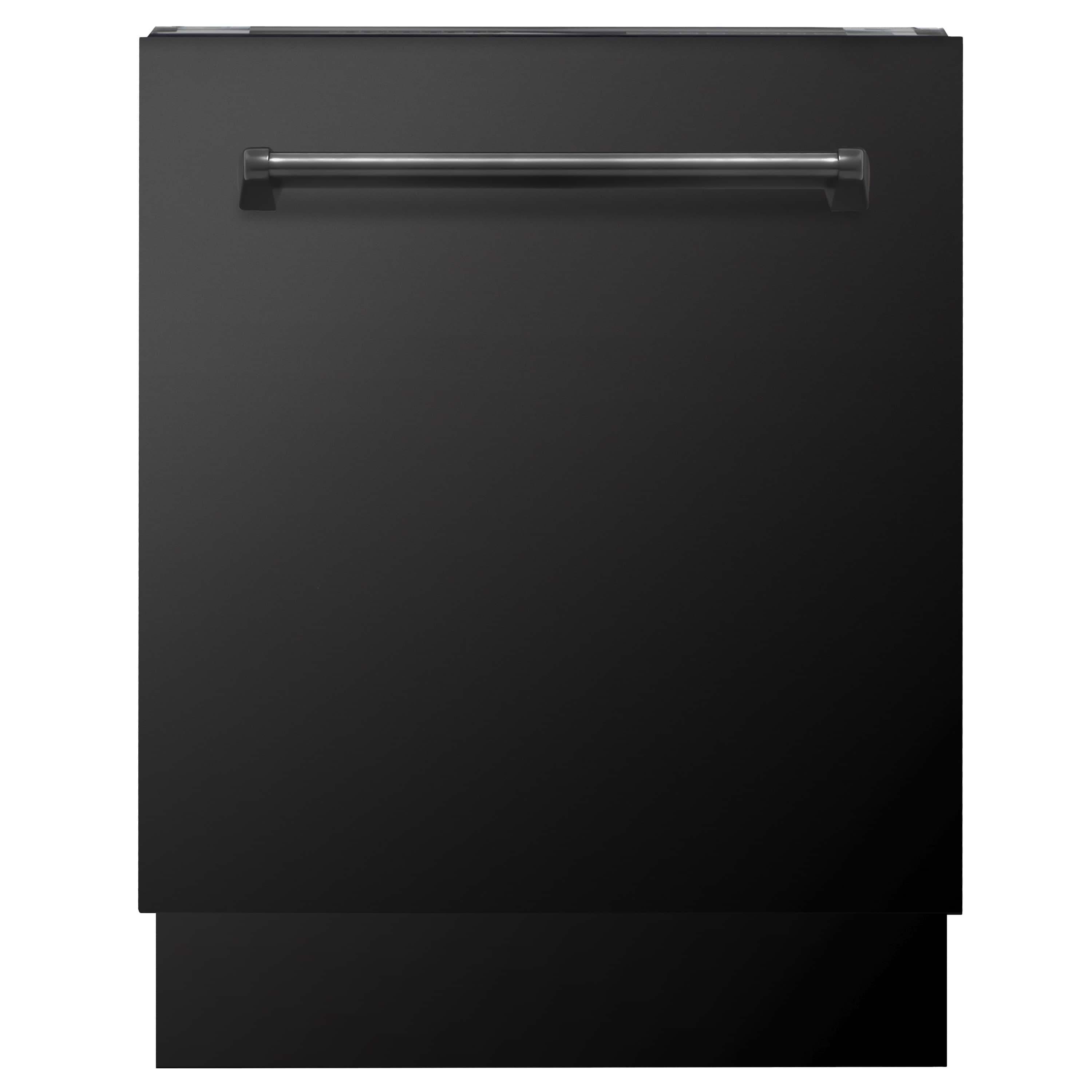 Black dishwasher front panel with metal handle