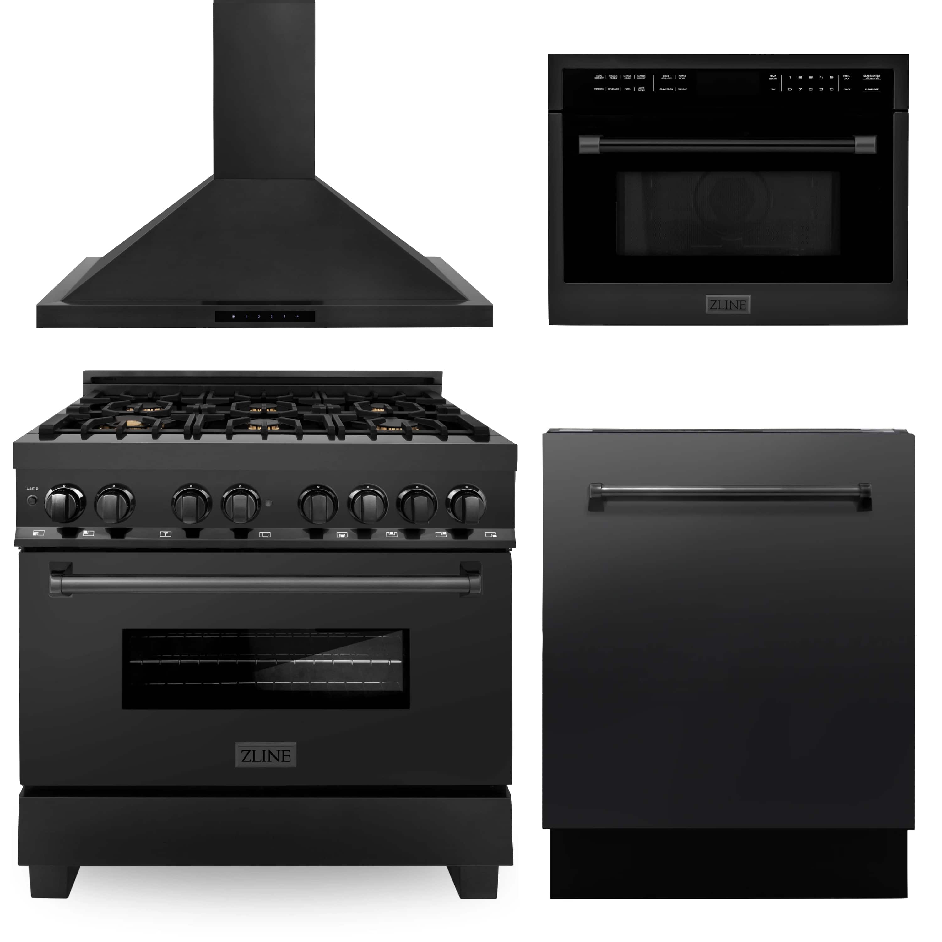 ZLINE 4-piece dual fuel range package with hood, range, oven, and dishwasher