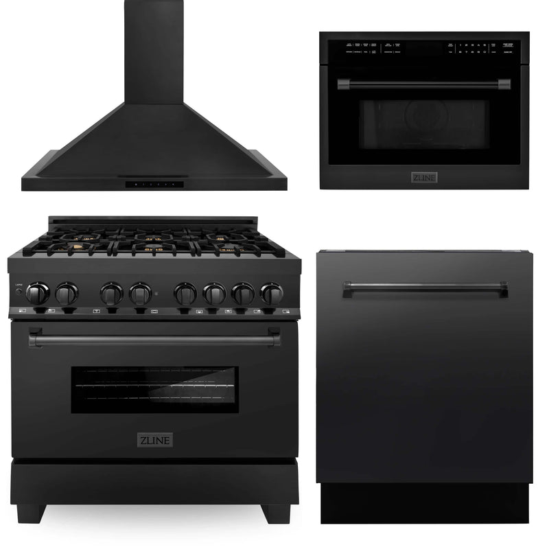 ZLINE 4-Piece Appliance Package - 36" Dual Fuel Range with Brass Burners, Convertible Wall Mount Hood, Microwave Oven, and 3-Rack Dishwasher in Black Stainless Steel Appliance Package ZLINE 