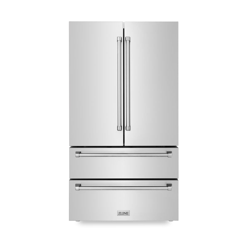 ZLINE 4-Piece Appliance Package - 36" Gas Range, 36" Refrigerator, Convertible Wall Mount Hood, and 3-Rack Dishwasher in Stainless Steel (4KPR-RGRH36-DWV) Appliance Package ZLINE 