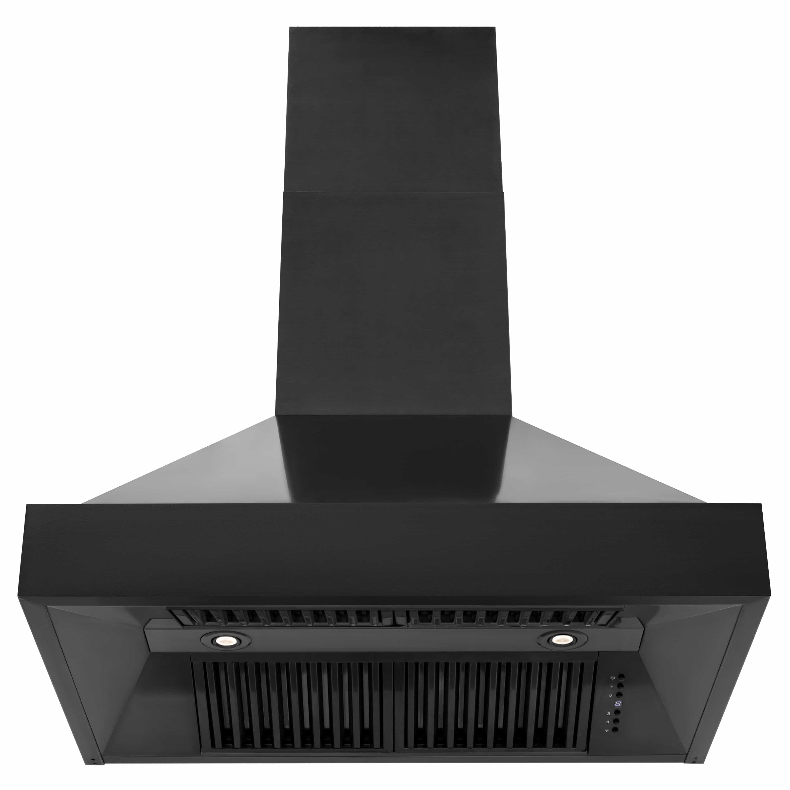 Black range hood with underside vent filters and circular light housing