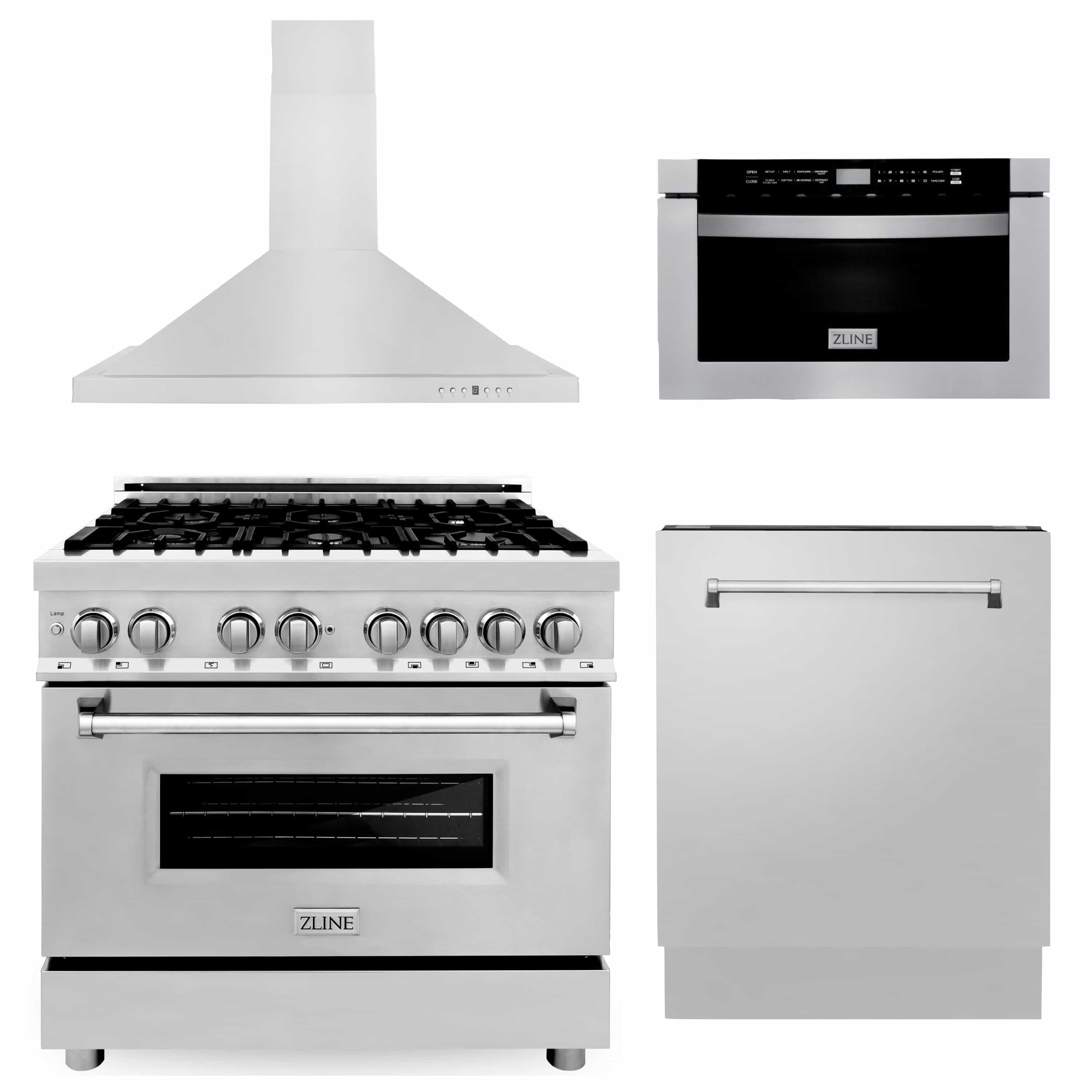 Stainless steel range with black grates, hood, microwave drawer, and dishwasher