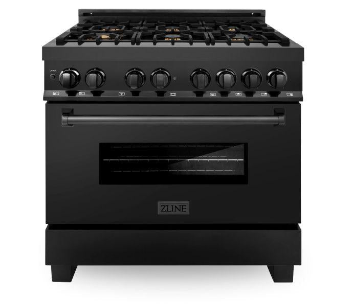 Freestanding black dual fuel range with front controls and oven door