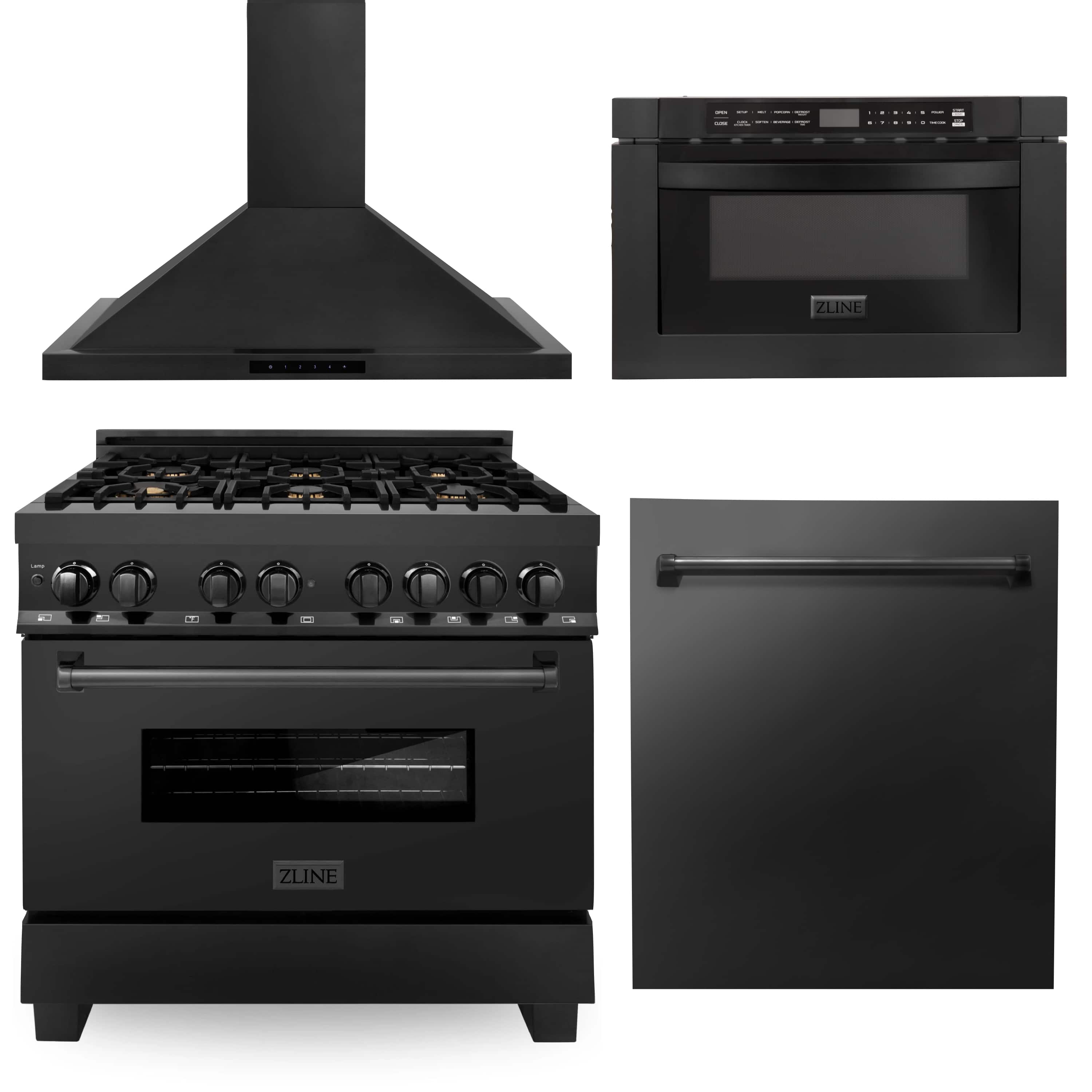 Kitchen appliance set featuring black stainless range, hood, and dishwasher