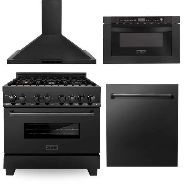 ZLINE 4-Piece Appliance Package - 36-inch Dual Fuel Range with Brass Burners, Dishwasher, Microwave Drawer & Convertible Wall Mount Hood in Black Stainless Steel (4KP-RABRH36-MWDW) Appliance Package ZLINE 