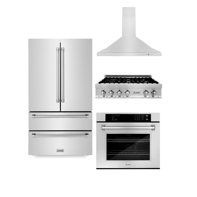 ZLINE 4-Piece Appliance Package - 36" Rangetop, 30” Double Wall Oven, 36” Refrigerator, and Convertible Wall Mount Hood in Stainless Steel (4KPR-RTRH36-AWD) Appliance Package ZLINE 