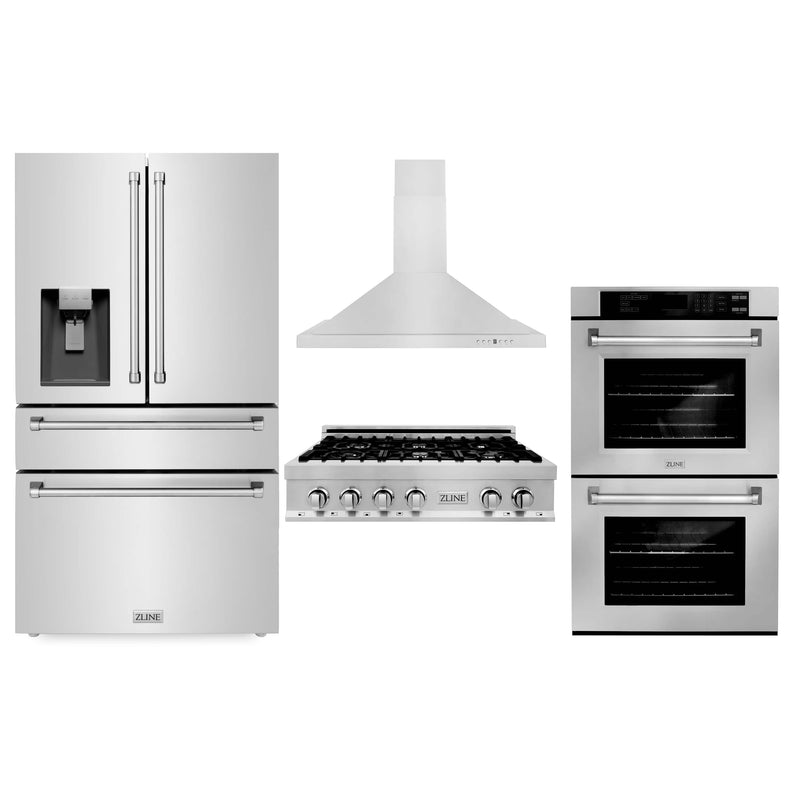ZLINE 4-Piece Appliance Package - 36" Rangetop, 30” Double Wall Oven, 36” Refrigerator with Water Dispenser, and Convertible Wall Mount Hood in Stainless Steel (4KPRW-RTRH36-AWD) Appliance Package ZLINE 