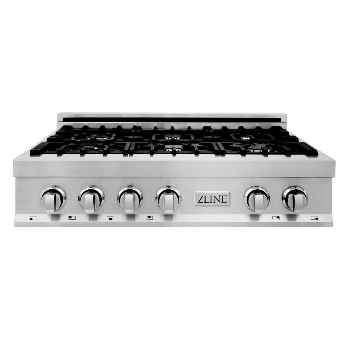 Stainless steel gas cooktop with black grates and multiple front control knobs