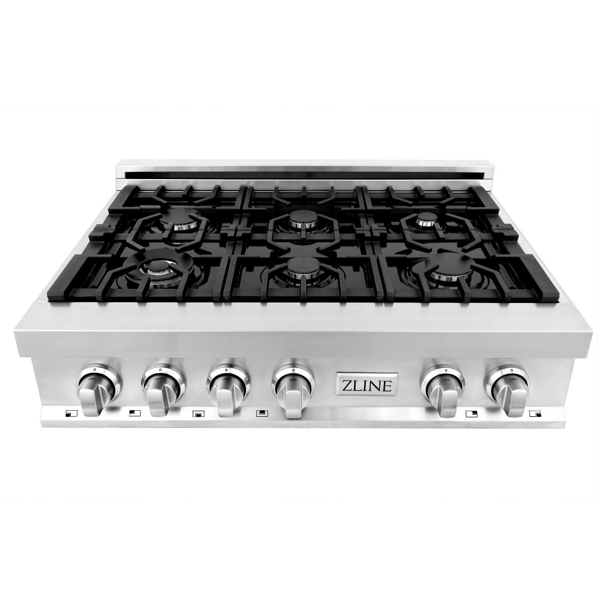 Stainless steel 36-inch gas rangetop with black burner grates and control knobs