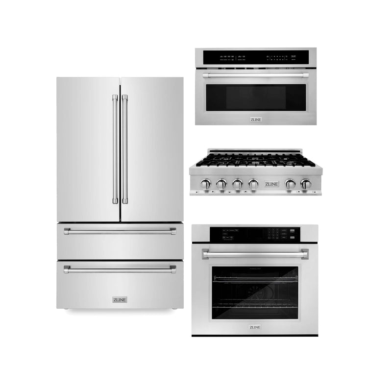 ZLINE 4-Piece Appliance Package - 36" Rangetop, 30” Wall Oven, 36” Refrigerator, and Microwave Oven in Stainless Steel (4KPR-RT36-MWAWS) Appliance Package ZLINE 