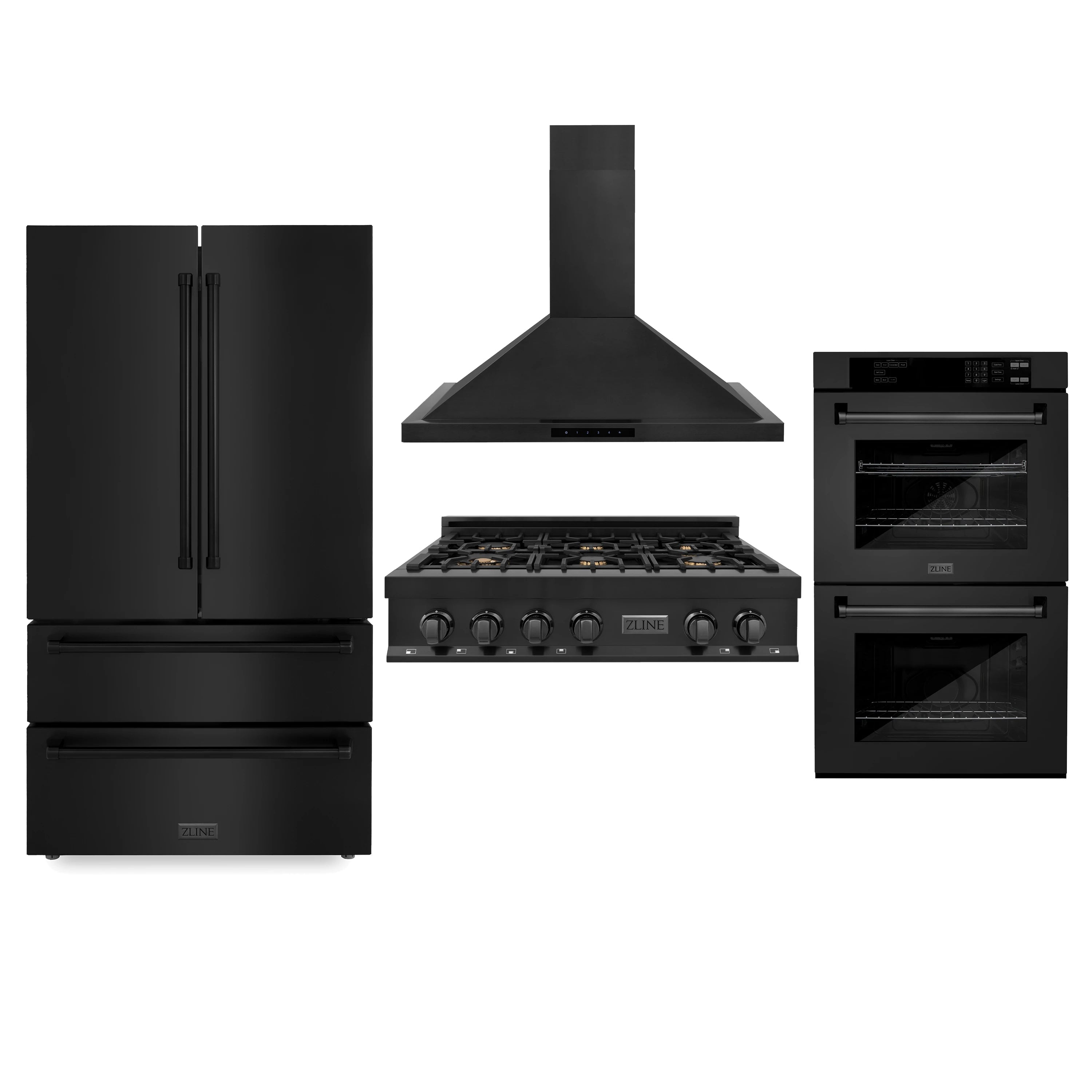 ZLINE 4-Piece Appliance Package - 36-Inch Rangetop with Brass Burners, Refrigerator, 30-Inch Electric Double Wall Oven, and Convertible Wall Mount Hood in Black Stainless Steel (4KPR-RTBRH36-AWD)