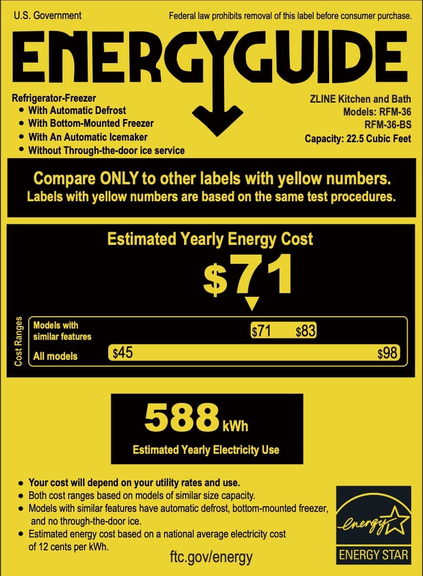 Yellow ENERGYGUIDE label for ZLINE kitchen range hood and cooktop