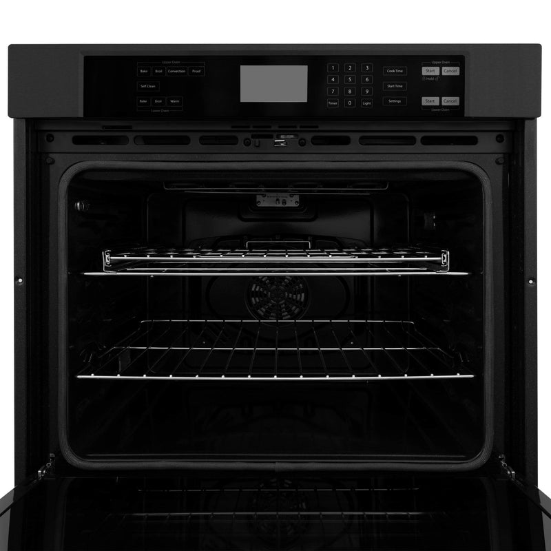 ZLINE 4-Piece Appliance Package - 36" Rangetop with Brass Burners, 36" Refrigerator, 30" Electric Double Wall Oven, and Convertible Wall Mount Hood in Black Stainless Steel (4KPR-RTBRH36-AWD) Appliance Package ZLINE 