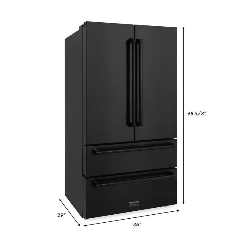 ZLINE 4-Piece Appliance Package - 36" Rangetop with Brass Burners, 36" Refrigerator, 30" Electric Double Wall Oven, and Convertible Wall Mount Hood in Black Stainless Steel (4KPR-RTBRH36-AWD) Appliance Package ZLINE 