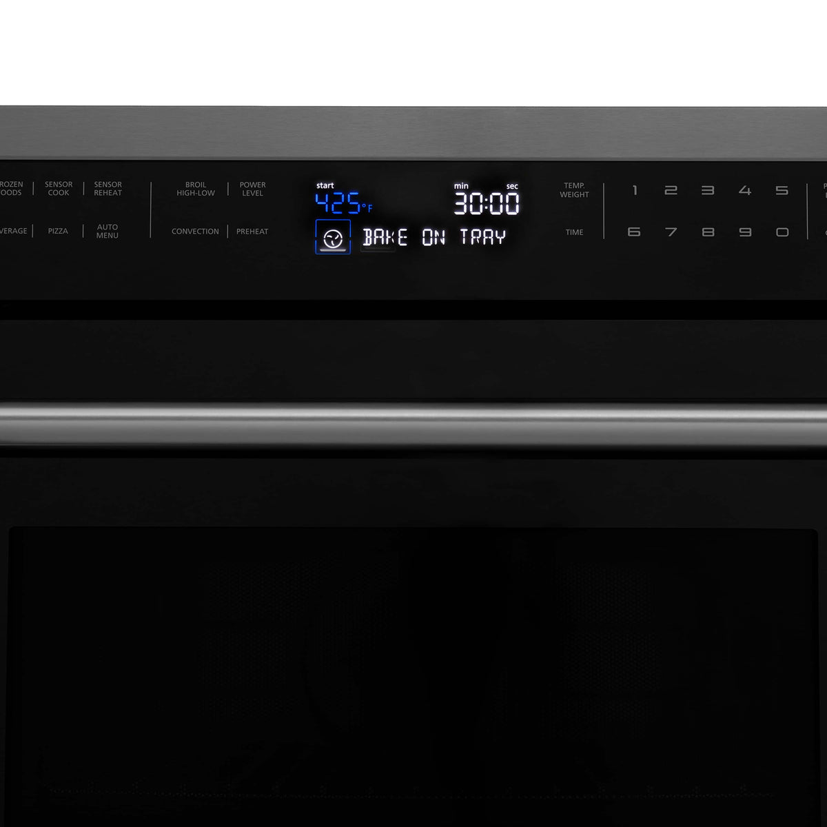 Oven control display showing 'BAKE ON TRAY' and timer readout