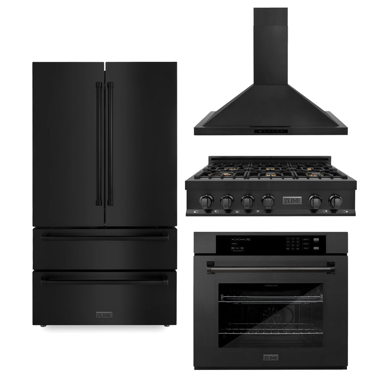 ZLINE 4-Piece Appliance Package - 36" Rangetop with Brass Burners, 36" Refrigerator, 30" Electric Wall Oven, and Convertible Wall Mount Hood in Black Stainless Steel (4KPR-RTBRH36-AWS) Appliance Package ZLINE 