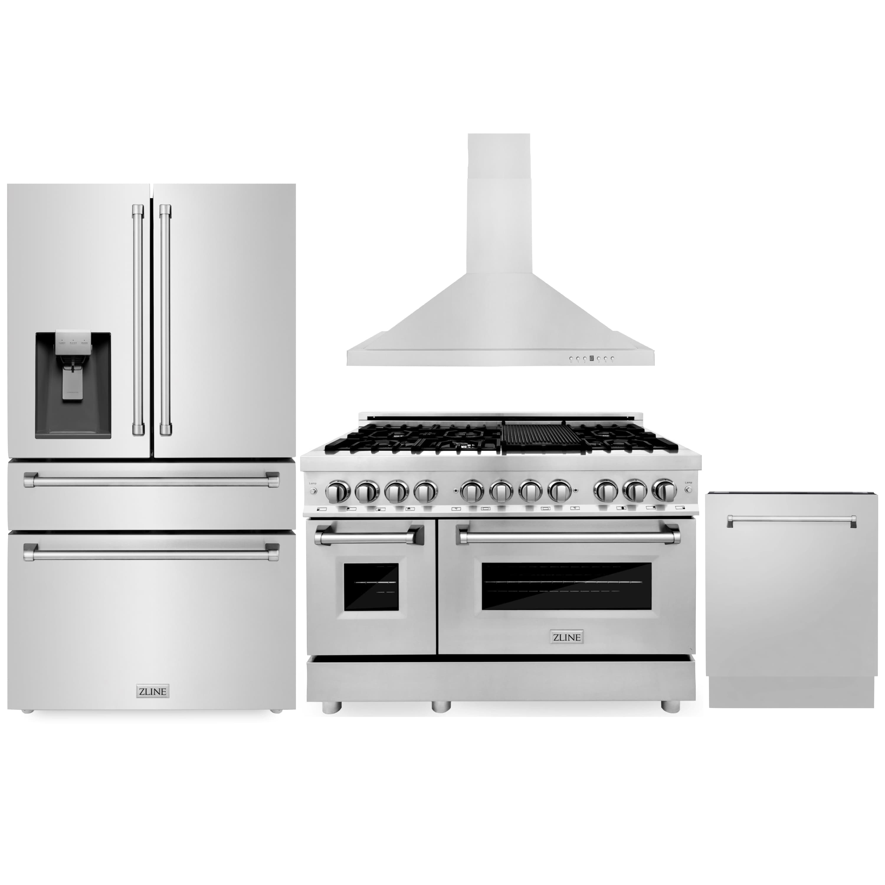 Stainless dual-fuel range with control knobs and matching range hood