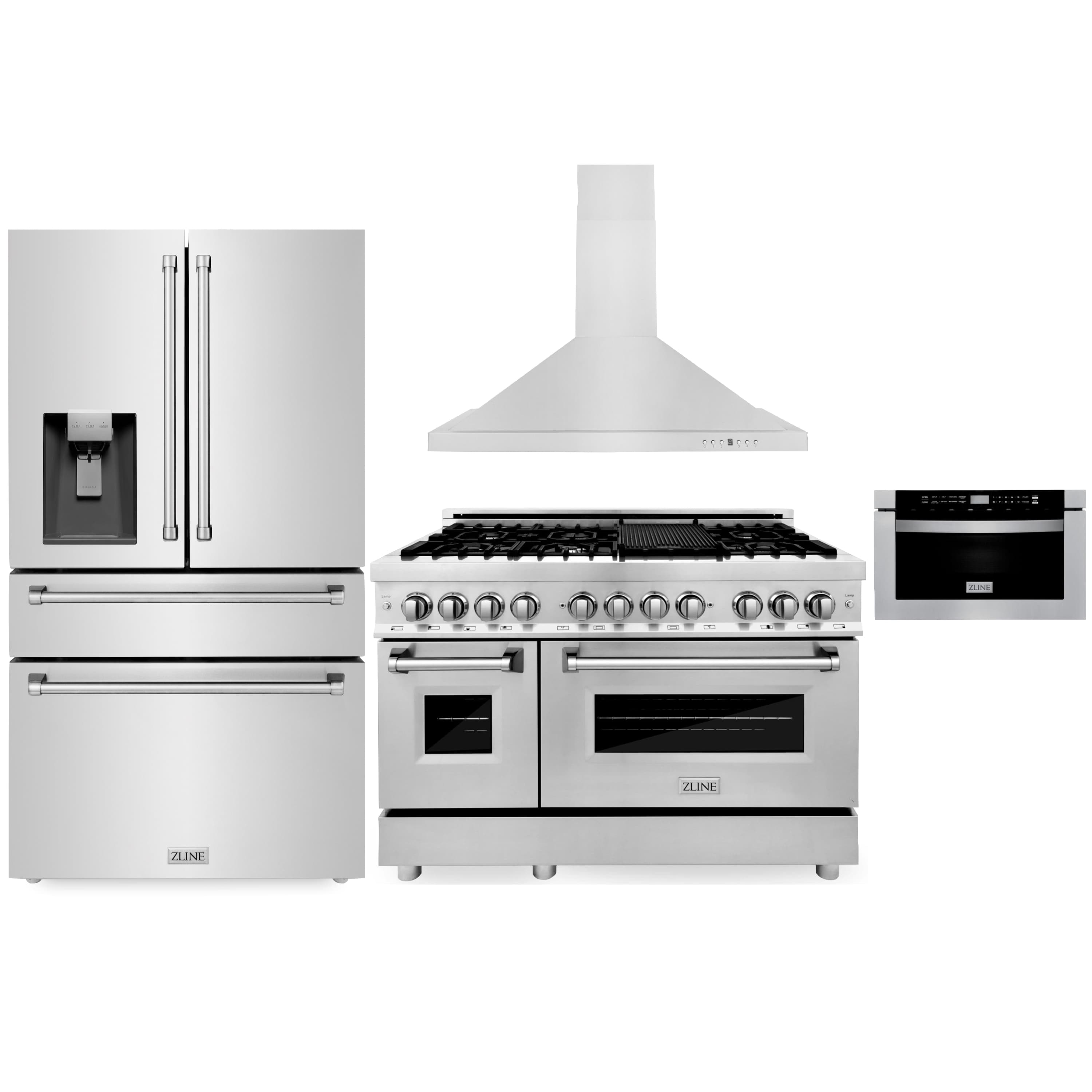 Stainless appliance package with dual fuel range, hood, microwave, and refrigerator