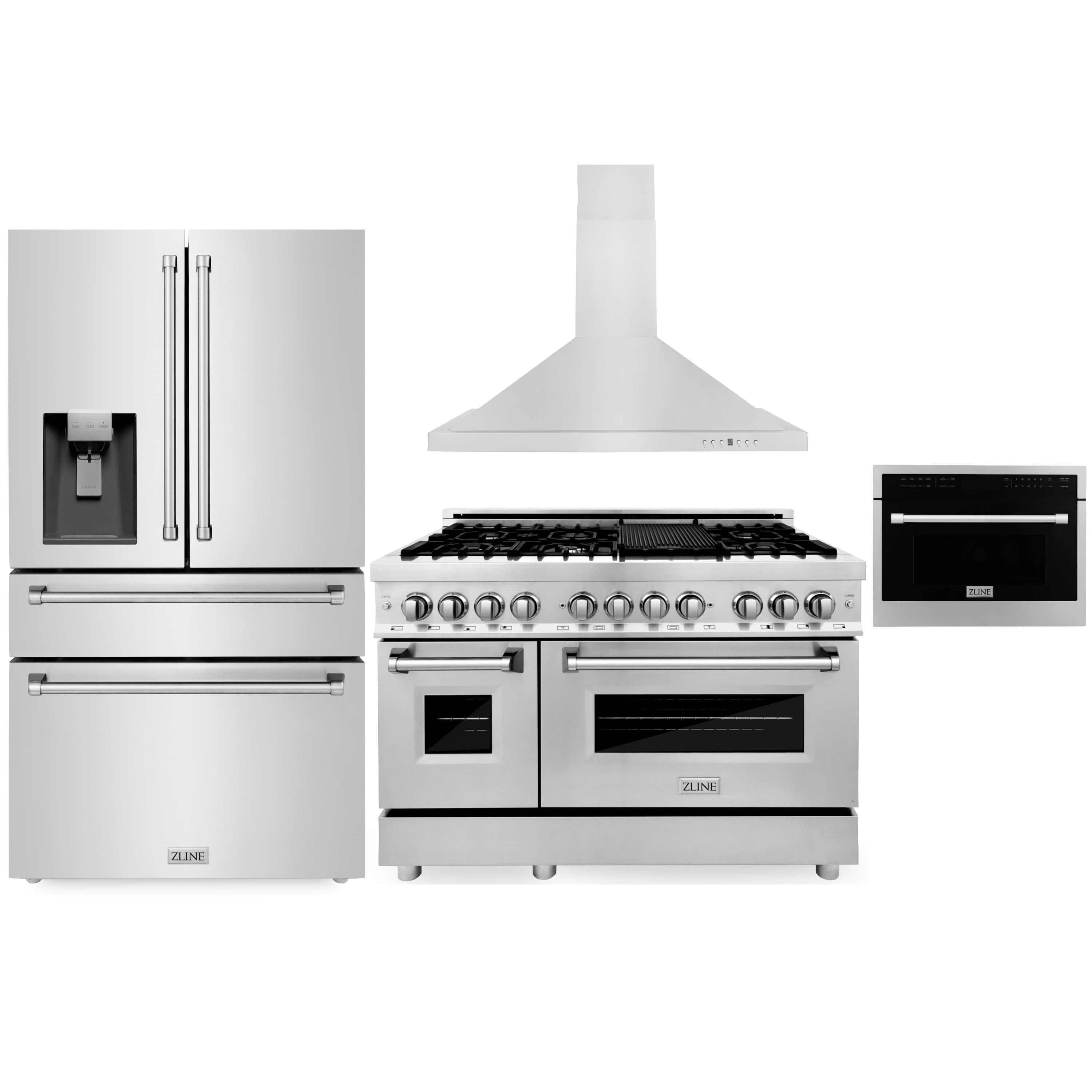 4-piece appliance package lineup: hood, dual fuel range, fridge, and microwave/oven