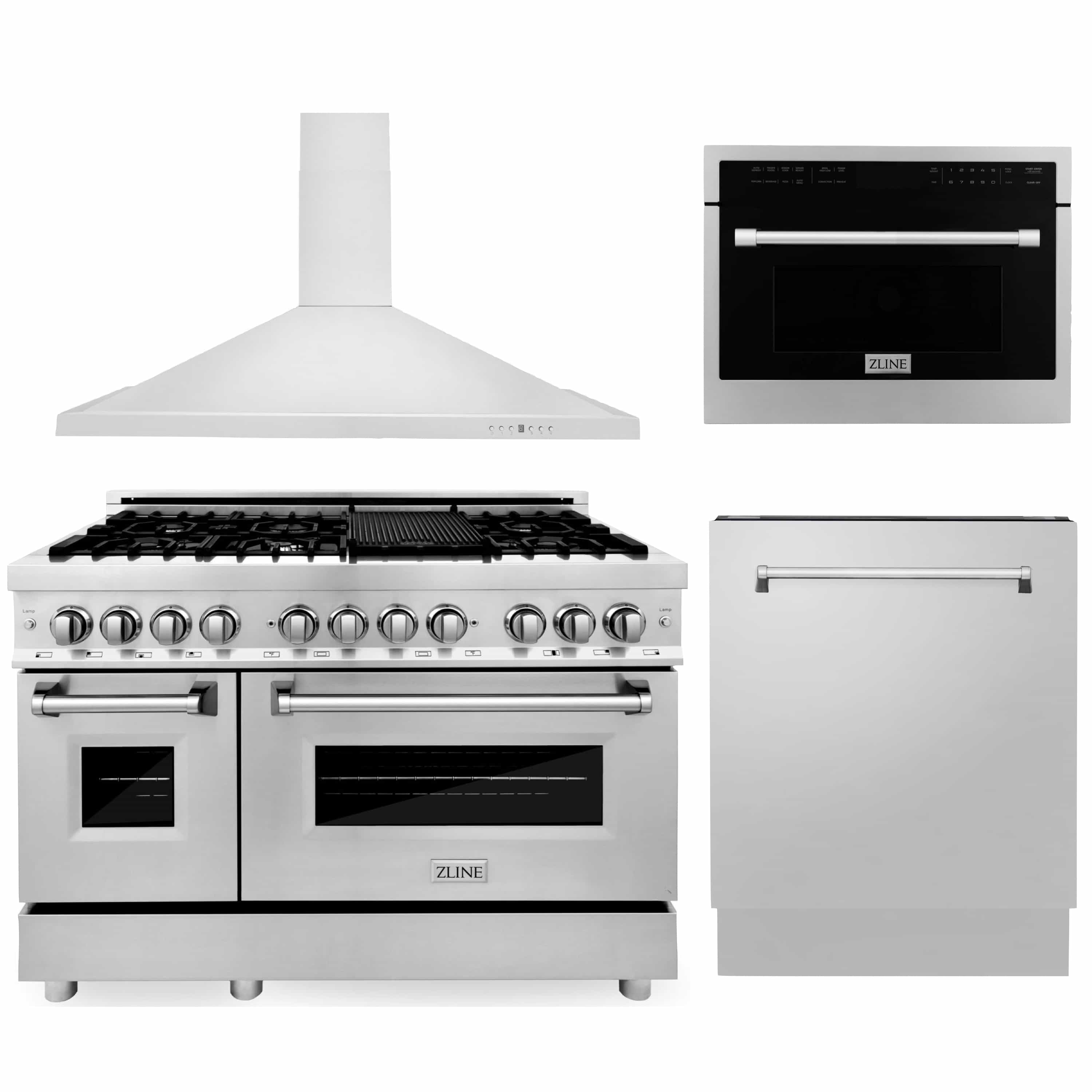Four-piece appliance set: white range, chimney hood, microwave, and dishwasher