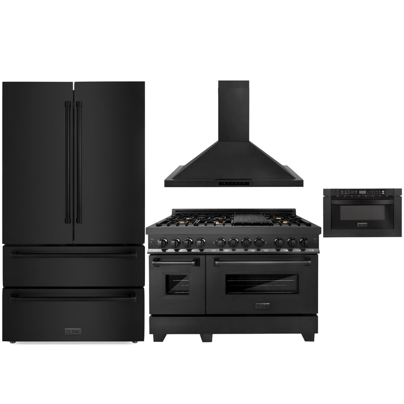 ZLINE 4-Piece Appliance Package - 48" Dual Fuel Range with Brass Burners, 36" Refrigerator, Convertible Wall Mount Hood, and Microwave Drawer in Black Stainless Steel (4KPR-RABRH48-MW) Appliance Package ZLINE 