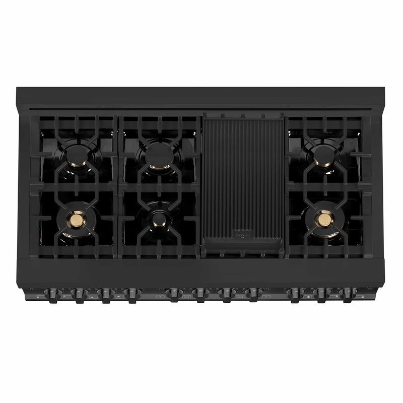 ZLINE 4-Piece Appliance Package - 48" Dual Fuel Range with Brass Burners, Convertible Wall Mount Hood, Microwave Drawer, and 3-Rack Dishwasher in Black Stainless Steel Appliance Package ZLINE 