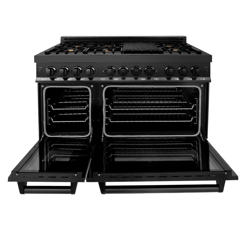 ZLINE 4-Piece Appliance Package - 48" Dual Fuel Range with Brass Burners, Convertible Wall Mount Hood, Microwave Drawer, and 3-Rack Dishwasher in Black Stainless Steel Appliance Package ZLINE 