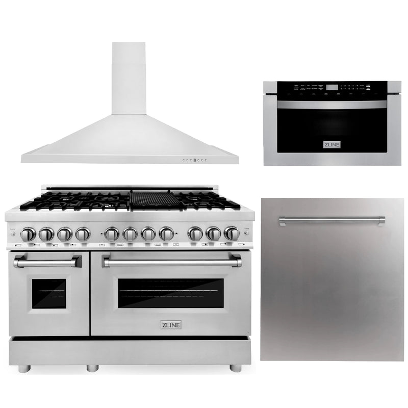 ZLINE 4-Piece Appliance Package - 48-inch Dual Fuel Range, Dishwasher, Microwave Drawer & Convertible Wall Mount Hood (4KP-RARH48-MWDW) Appliance Package ZLINE 