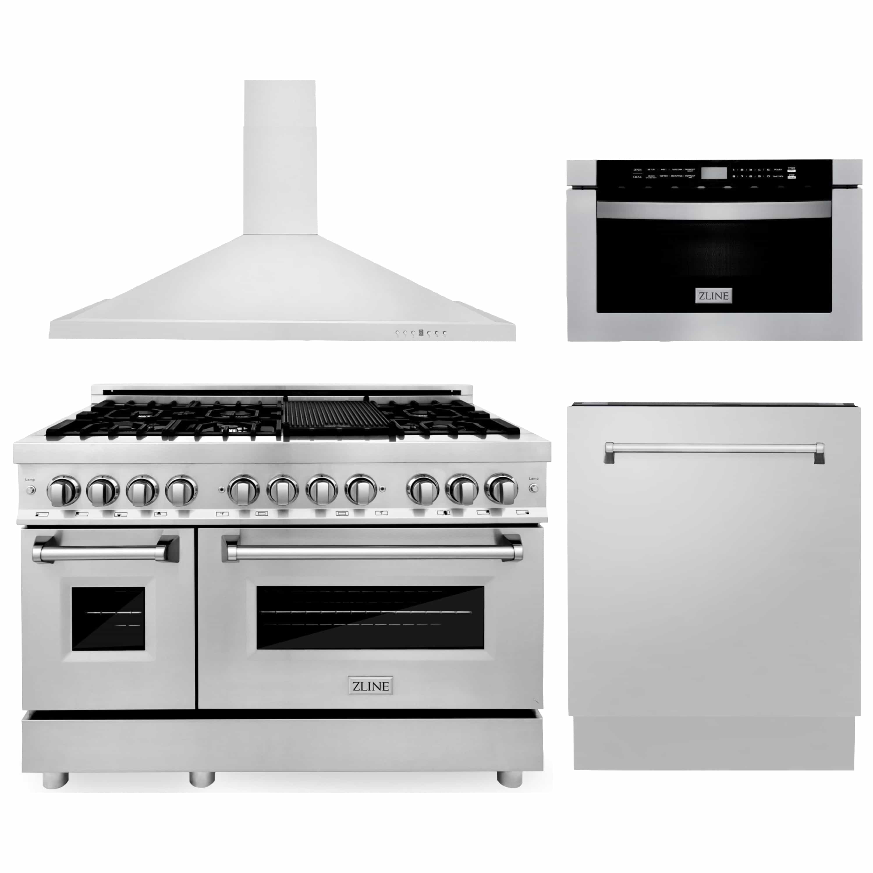 Kitchen appliance package layout with range, microwave, hood, and dishwasher