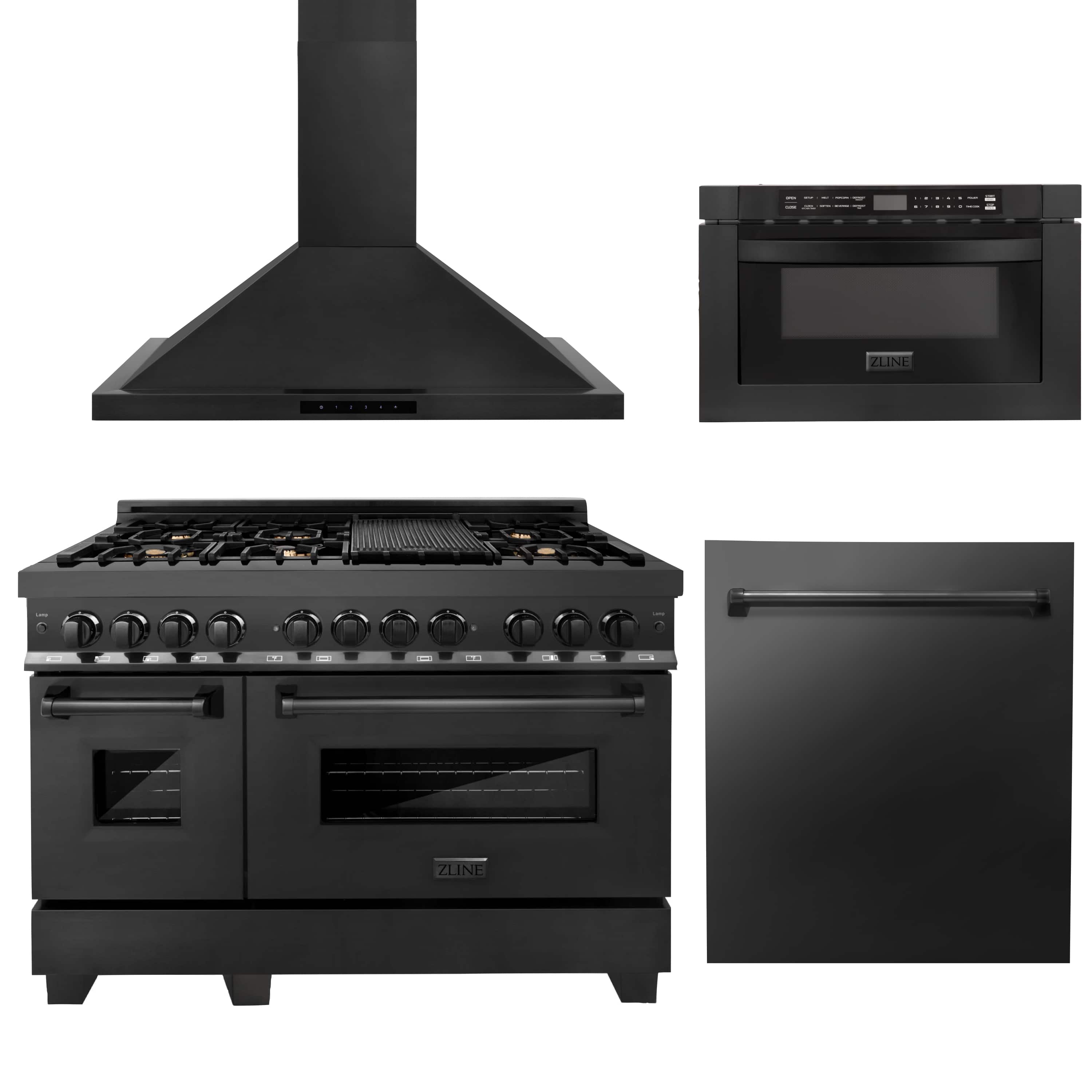 ZLINE 4-Piece Appliance Package - 48-inch Dual Fuel Range with Brass Burners, Dishwasher, Microwave Drawer & Convertible Wall Mount Hood in Black Stainless Steel (4KP-RABRH48-MWDW)